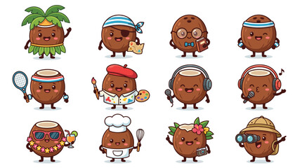 Fototapeta premium Collection of active cartoon coconut characters in various roles.