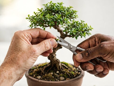 Close up of diverse Caucasian and African descent hands carefully pruning a Carmona retusa bonsai tree with metal scissors in a bright indoor setting