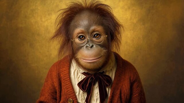 Adorable and humorous baby orangutan female character posing for a formal, old fashioned studio portrait