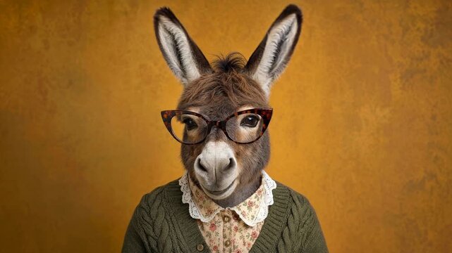 Whimsical donkey female character dressed as a teacher, smiling and making funny faces against a yellow wall