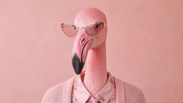 Stylish flamingo female character with a human body wearing pink clothes and fashionable eyeglasses against a pink background