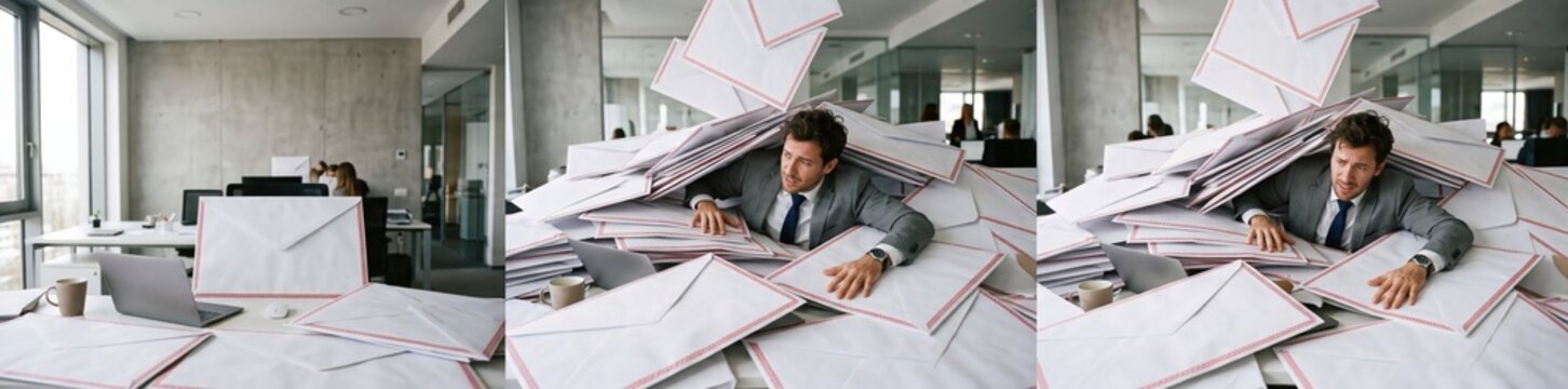 Stressed businessman overwhelmed by avalanche of unread emails and office correspondence piling up on desk