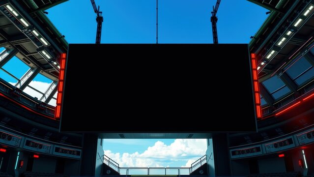 Stadium interior view. Dark seating surrounds large blank screen. Bright sky visible through opening. Red lights illuminate structure.