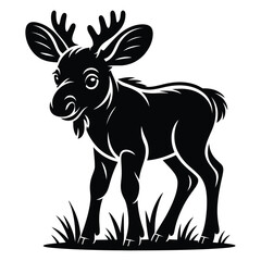 Fototapeta premium A young moose standing in grass is depicted as a black silhouette