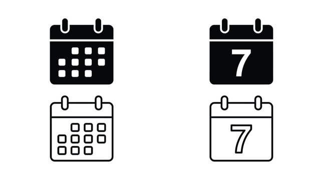Simple black and white vector calendar icons set displaying grid dates and number seven graphic design