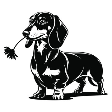 A dachshund dog holding a dandelion in its mouth black and white silhouette