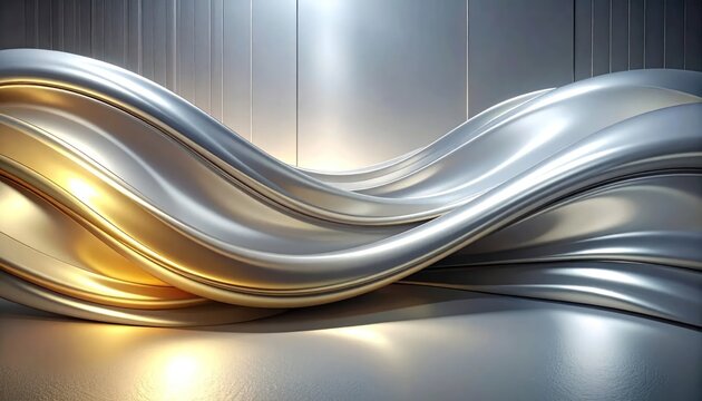 Abstract silver and gold flowing metallic waves in studio