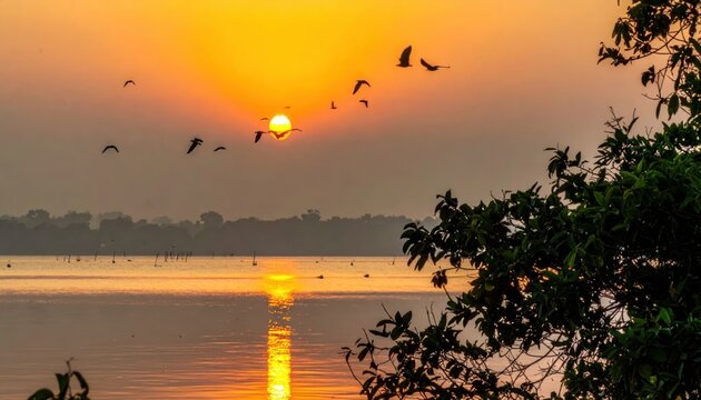 Flock of birds flying over lake at golden sunset