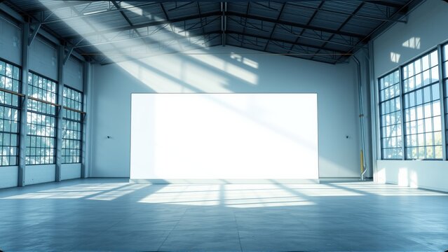 Empty warehouse interior. Bright sunlight streams through windows, creating dramatic shadows. Spacious, clean, modern industrial setting.