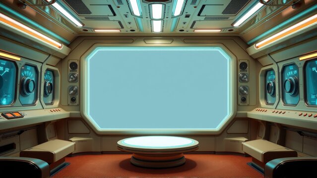 Futuristic spaceship interior. Control panels, seats, central platform visible. Bright lights illuminate beige walls, dark floor. Window displays blue sky.