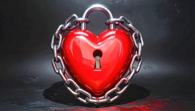 Red heart shaped padlock wrapped in steel chains
