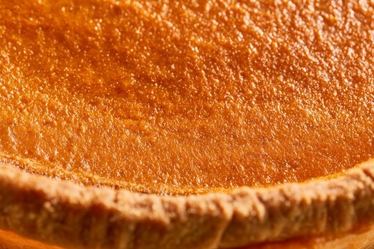 Orange dessert filling is shown close up in a pie crust with a golden texture