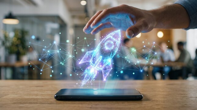 Futuristic Hologram Rocket Launching from Smartphone for Tech Startup Business Growth and Innovation Concept