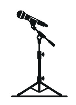Professional microphone on tripod stand silhouette, black vocal mic icon, music equipment vector for stage performance and podcasting
