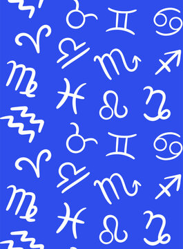 Hand drawn zodiac signs blue pattern background