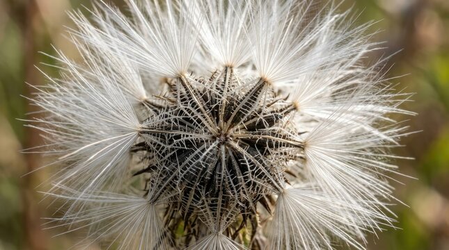 Symmetric botanical star: natural geometry, dried wildflower, fluffy seed, radial structure, white pappus, macro detail, plant texture, abstract beauty, organic form, soft feather, autumn decay.