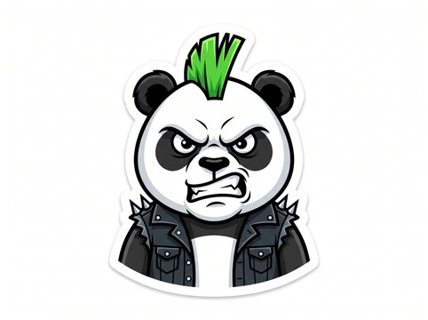 Cartoon panda with green mohawk and leather jacket scowling.