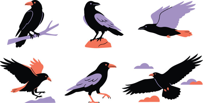 Set of artistic watercolor illustrations featuring black crows and ravens in various flying and perched poses