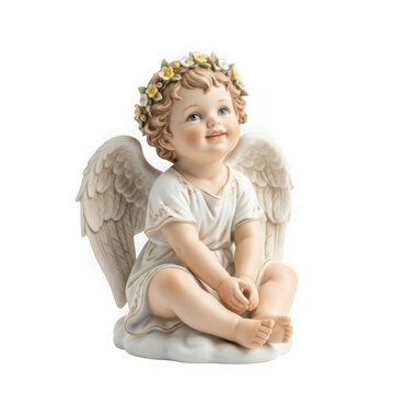 Porcelain figurine of a cute baby angel with wings and a flower crown isolated on transparent background