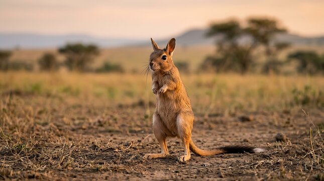 A captivating springhare stands alert on its hind legs, surveying the expansive African savanna at dawn, embodying resilience and wild natural beauty