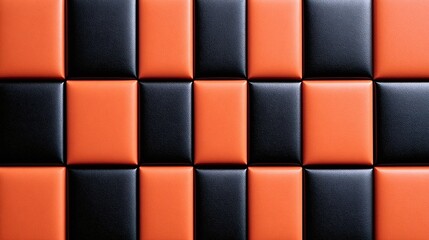 Obraz premium Soft padded leather wall with a quilted checkerboard of black and vibrant orange rectangular panels, modern geometric upholstery texture for interior, decor and fashion use