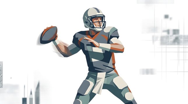American football player in action pose with ball.