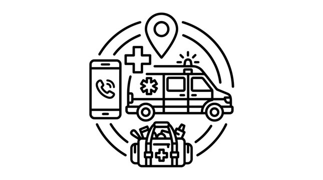 Medical emergency service icon with ambulance, smartphone, and first aid kit vector