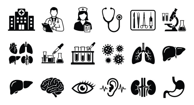 Medical icons depicting hospital doctors organs and instruments on a white background