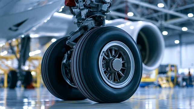 Commercial airplane landing gear with tires and struts in a large aircraft hangar, highlighting aviation maintenance, aerospace engineering, and global travel technology