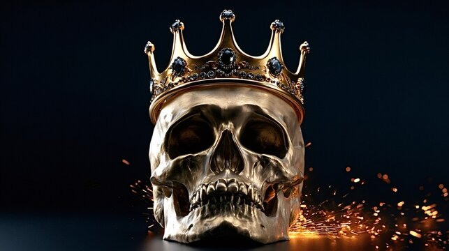 Golden skull wearing a jeweled crown, resting on a dark surface with fiery orange sparks illuminating the scene, symbolizing power, wealth, and mortality