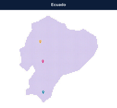 Ecuador map with three colored location pins