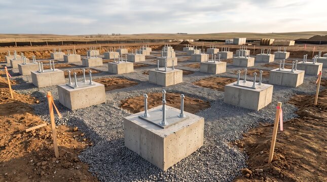 Construction site showing a grid of concrete foundation blocks with steel anchor bolts set in gravel with wooden stakes and a rural landscape view