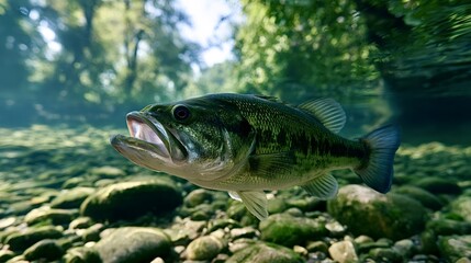 Fototapeta premium Largemouth bass swimming with its mouth open, hunting or feeding in a shallow, clear freshwater river, with a rocky bottom and green trees visible through the surface