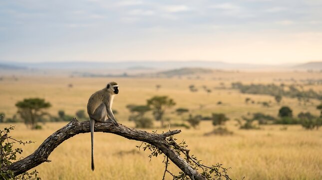 Vervet monkey perched on a tree branch looking across the vast African savanna landscape during golden hour