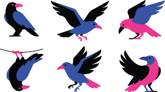 Set of colorful stylized crow illustrations showing various poses and movements isolated on a white background
