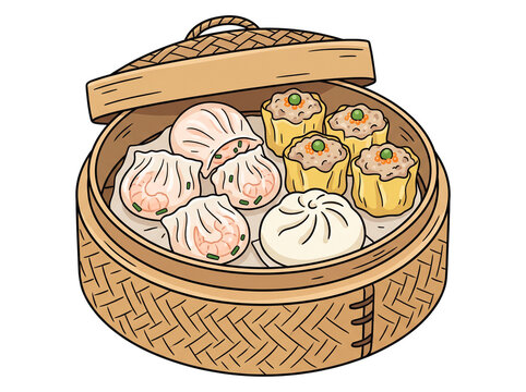 Assorted Dim Sum in Bamboo Steamer Basket Flat Vector Illustration