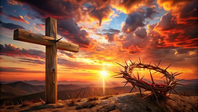 Jesus christ cross crown thorns sacrifice suffering red sunset passion week lent