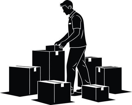 Warehouse worker stacking shipping boxes silhouette with warehouse shipping logistics delivery