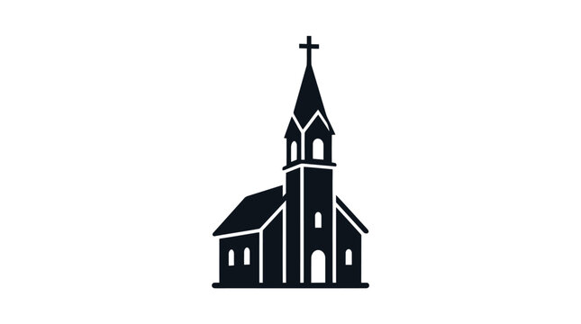 Black church building vector icon with steeple and cross on white background