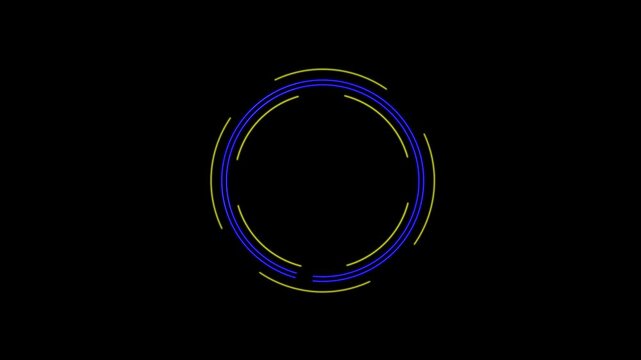 Blue and yellow luminous ring rotates against a black background creating an abstract digital loading animation