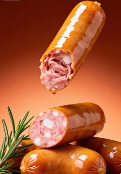 Warm food photography sausage still life with side lighting shaping dimension, glossy texture and vibrant tones appetizing