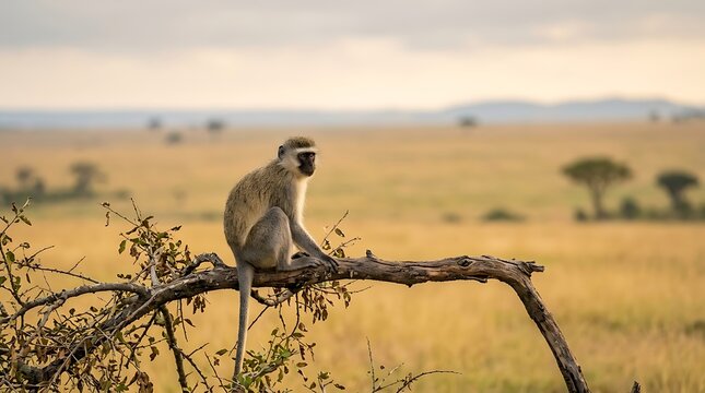 A graceful vervet monkey sits perched on a tree branch, surveying the expansive savanna landscape under a warm, golden sky, embodying the wild spirit of Africa