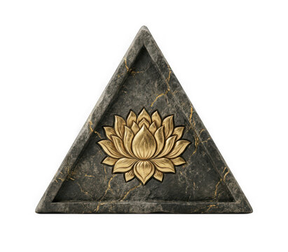 Golden lotus flower relief on a triangular black marble stone isolated on transparent background