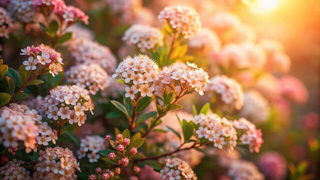 A flowering bush with small pink and white blossoms in shadow delicate texture evening mood and natural depth