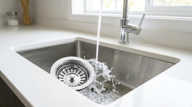 Running water from modern chrome kitchen faucet into stainless steel sink basin with water stream water flow tap water splash sink drain