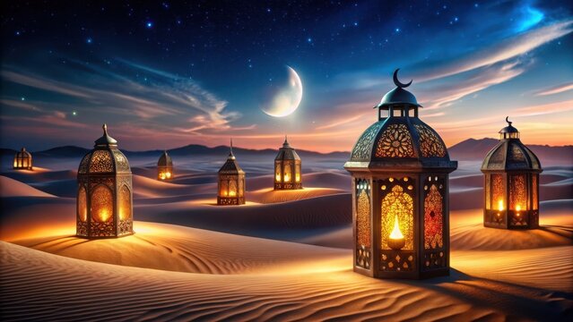 Arabic lantern desert sand glowing moon night sky eid ramadan banner design