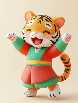 Cute tiger mascot in festive red traditional outfit