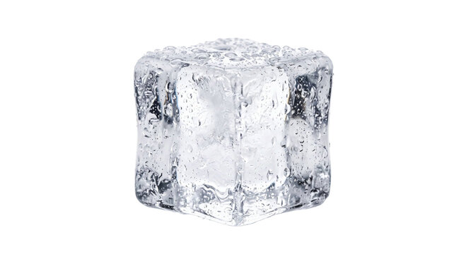 Single clear ice cube with water droplets melting on a white background