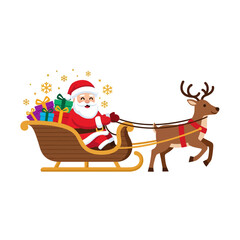 Fototapeta premium Cartoon Santa Claus riding in a wooden sleigh pulled by a reindeer with Christmas gifts.