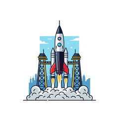 Fototapeta premium Vector illustration of a space rocket launching from the launchpad with smoke and fire.